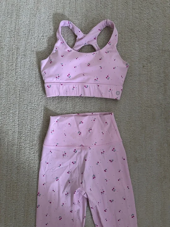 Pink Cherry Patterned Active Set - Sports Bra & High Waist Shorts - Picture 5 of 5